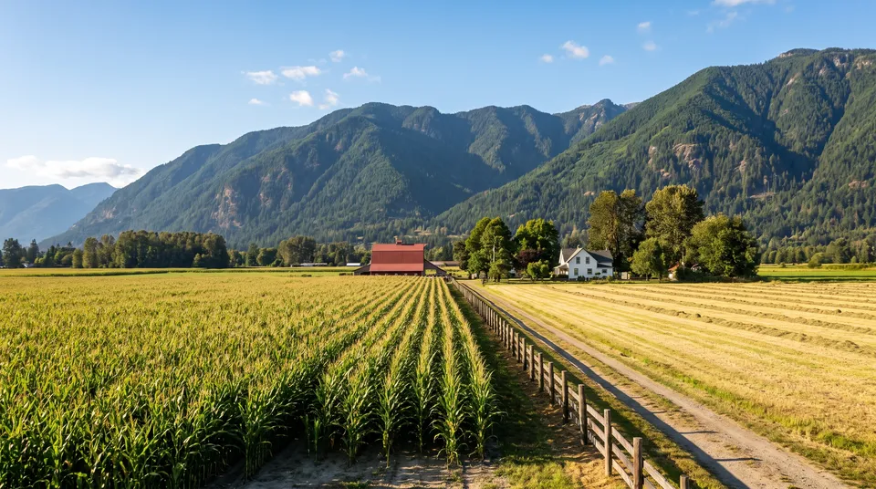 Generated scene: rows of tall corn and a hay field beside a fenced farm lane, a red barn and a white farmhouse, and steep forested mountains under a clear sky.